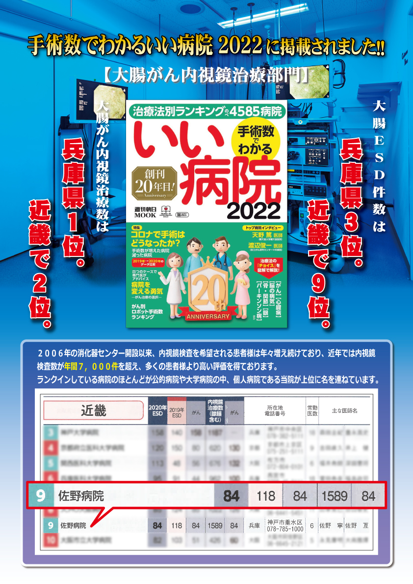 【メディア】 手術数でわかるいい病院2022に掲載 「胃・大腸がん」内視鏡検査・腹腔鏡手術・抗がん剤治療は佐野病院 【メディア】 手術数でわかるいい病院2022に掲載 「胃・大腸がん」内視鏡検査・腹腔鏡手術・抗がん剤治療は佐野病院